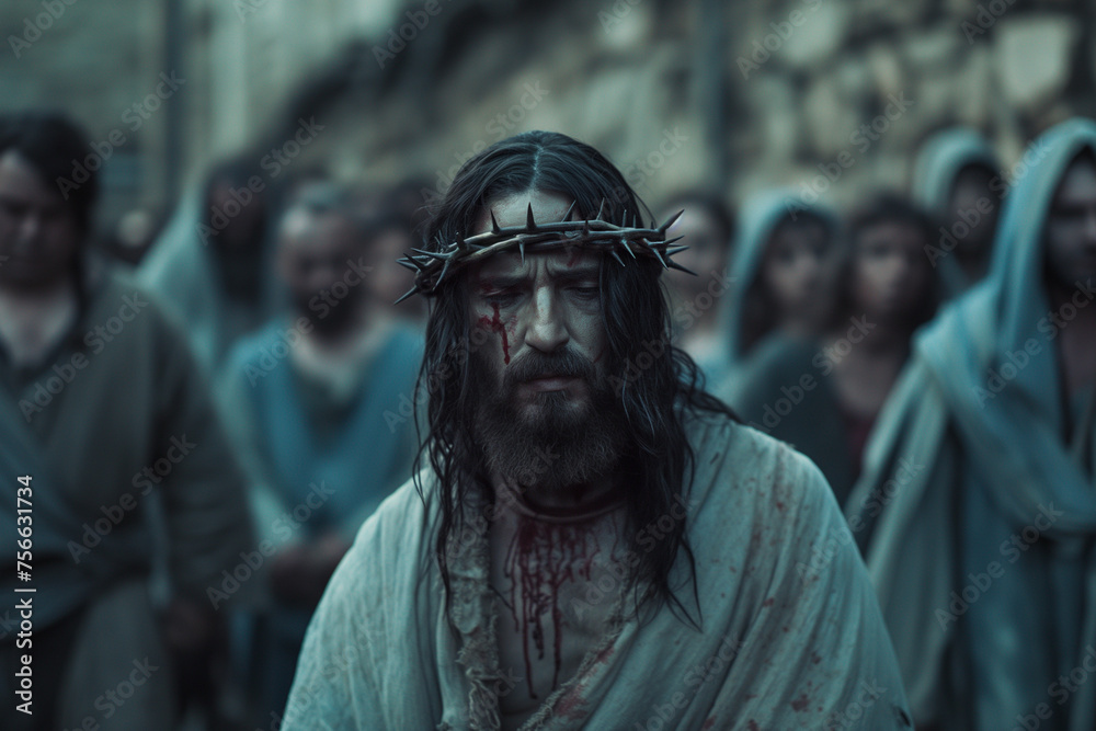 martyred Jesus Christ wearing a crown of thorns on the way to the cross among the crowd at Easter, generative AI
