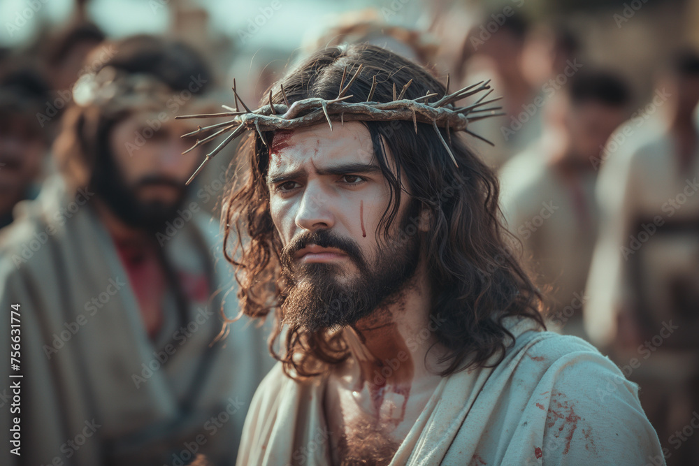 martyred Jesus Christ wearing a crown of thorns on the way to the cross among the crowd at Easter, generative AI