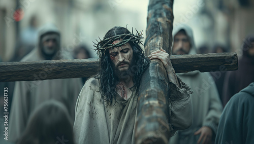 Jesus Christ wearing a crown of thorns carries his wooden cross on his way to the cross for Easter, generative AI