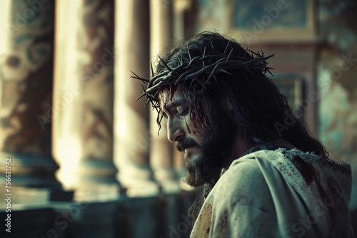 tortured sad Jesus Christ wearing a crown of thorns against the background of the Roman building of Pontius Pilate on the way to the cross for Easter, generative AI © Paulina