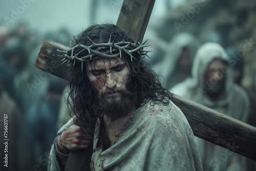 Jesus Christ wearing a crown of thorns carries his wooden cross on his way to the cross for Easter, generative AI
