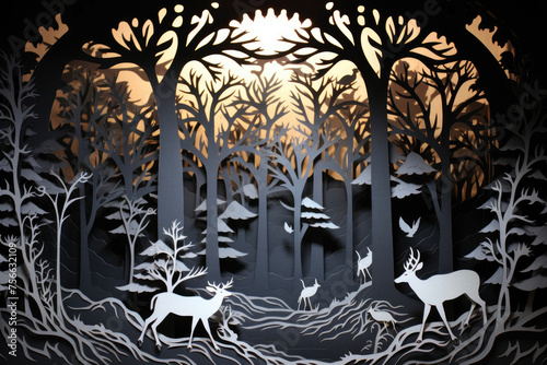 A paper cutout of a forest with deer and birds