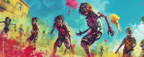 A group of zombies are running through a colorful field
