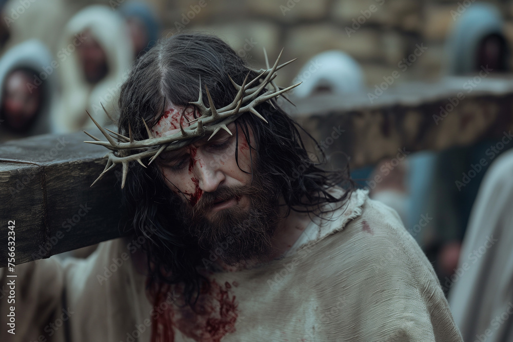 Jesus Christ wearing a crown of thorns carries his wooden cross on his way to the cross for Easter, generative AI