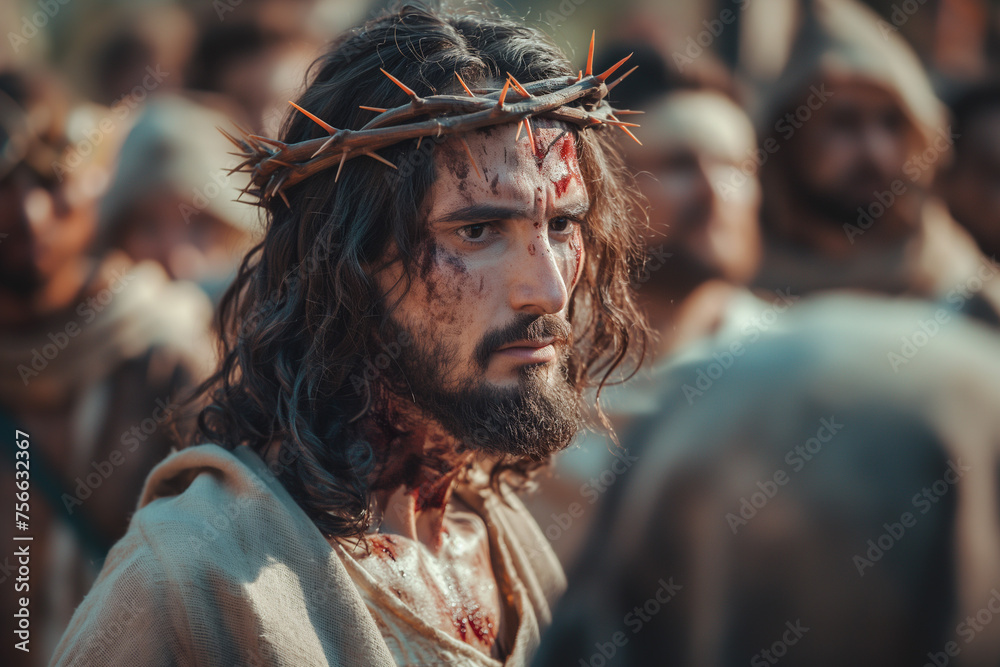 martyred Jesus Christ wearing a crown of thorns on the way to the cross among the crowd at Easter, generative AI