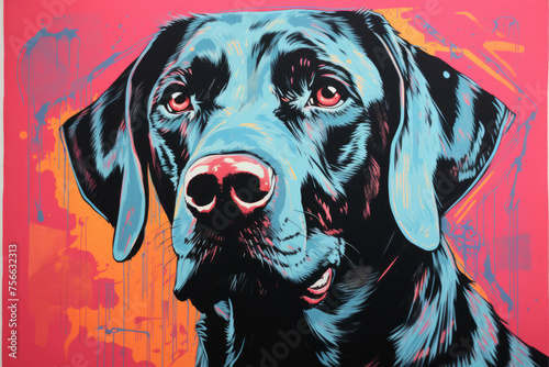 A painting of a black dog with a blue nose and blue eyes