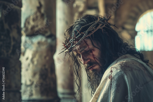 tortured sad Jesus Christ wearing a crown of thorns against the background of the Roman building of Pontius Pilate on the way to the cross for Easter, generative AI photo
