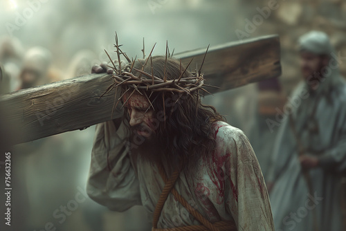 Obraz na płótnie Jesus Christ wearing a crown of thorns carries his wooden cross on his way to the cross for Easter, generative AI w salonie