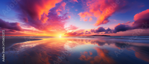 A spectacular sunset over the sea on a beach © khan