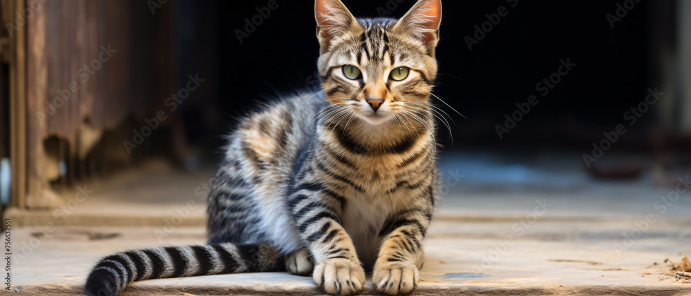 A striped female cat sitting on a cement floor