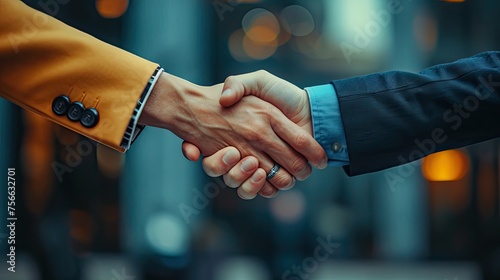 Business people shaking hands, finishing up a meeting or negotiation. Close-up Handshake between two professionals, symbolizing a mutually beneficial partnership. 