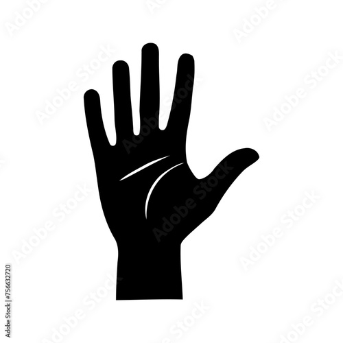 Vector silhouette of a human hand, palm. Drawn in black on a white background.