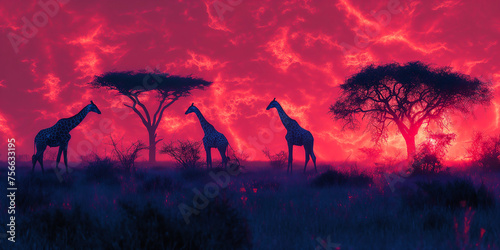 psychedelic golden hour sunset in a surreal african safari landscape  artwork with baobab trees  giraffe  animals  twilight