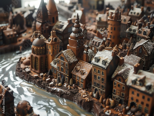 Chocolate city with dark milk and white chocolate buildings and a river of hot cocoa