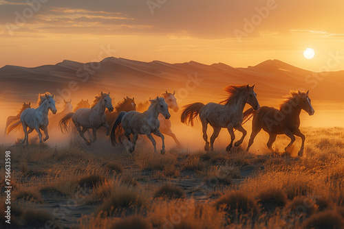 Wild horses gallop across the dunes of the Gobi where the sand glimmers in shades of gold and pink at sunrise mirroring the horses vigor and grace