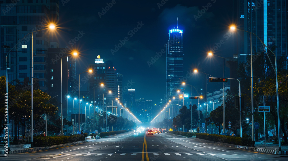 A panoramic view of a city at night, with streets lined by smart lampposts emitting energy-efficient LED lighting and sensors, contributing to a safer and more sustainable urban environment. 8K -