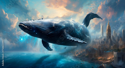 Surreal image giant whale glides through clouds above a sleeping city, blurring reality and dreams