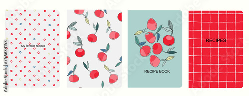 Cover page vector templates for recipe books based on seamless patterns with hand drawn apples, pears, plums. Cookery books cover layout. Healthy fruit, vegan food concept