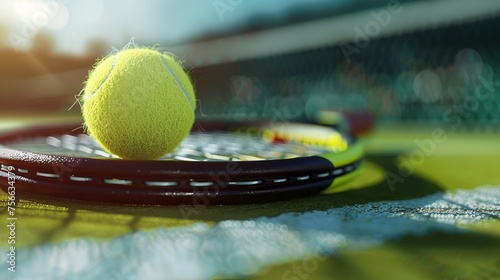 realistic tennis court, racket and ball close-up