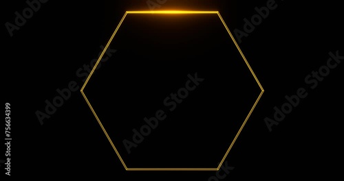 Hexagonal frame with glowing gold line. Yellow rhombus illuminated by 3d render golden luminous line moving along perimeter for design and art