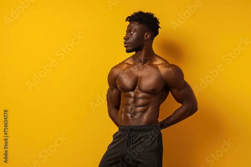 A man with a muscular body stands in front of a yellow wall