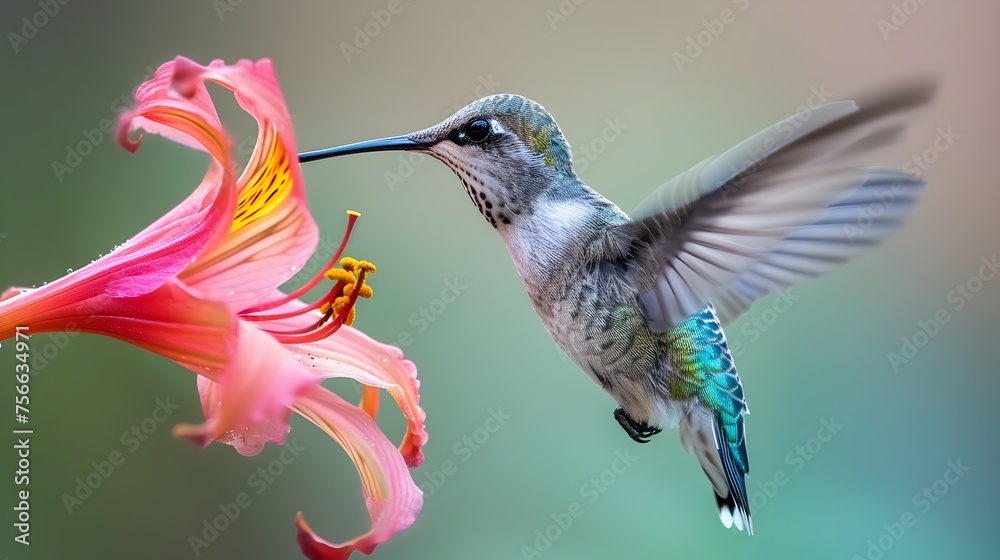 Fototapeta premium A hummingbird is flying over a flower. The flower is orange and the bird is green. Concept of freedom and beauty in nature