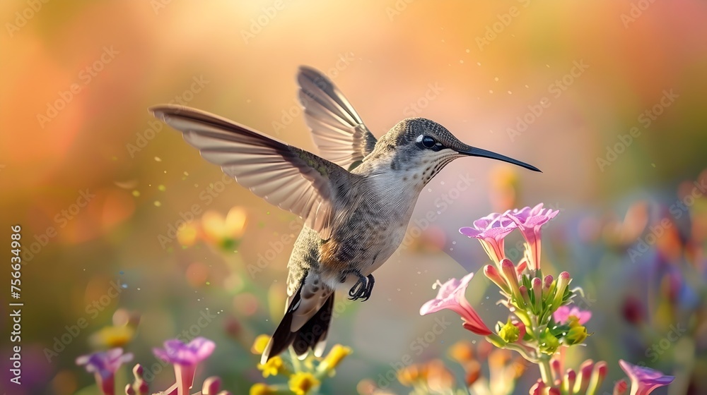 Fototapeta premium A hummingbird is flying over a flower. The flower is orange and the bird is green. Concept of freedom and beauty in nature