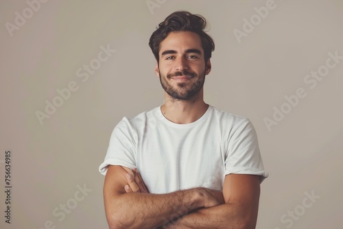 A man with a white shirt and a beard is smiling and crossing his arms