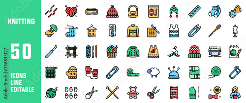 50 Knitting icons set in thin line style vector
