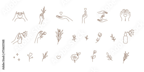 Set of vector illustrations of human hands holding flower, heart shape, blossom floral plant, leaf. Beauty nature, self skin care, love. Design template, natural eco cosmetics logo. Icon in line style