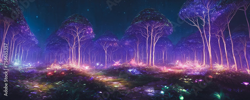 A mystical forest at night with luminescent plants. AI Generated