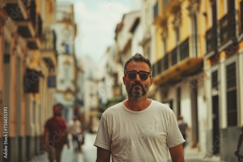 A man wearing sunglasses and a white shirt stands on a city street