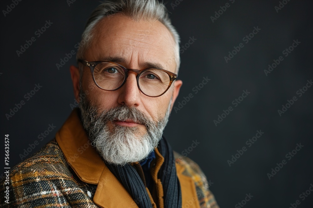 Obraz premium A man with glasses and a beard is wearing a plaid jacket and scarf