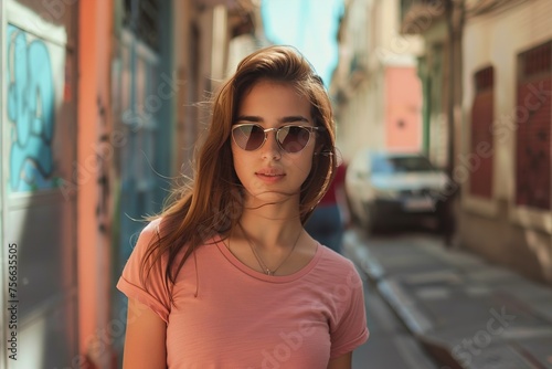 A woman wearing sunglasses and a pink shirt stands on a sidewalk