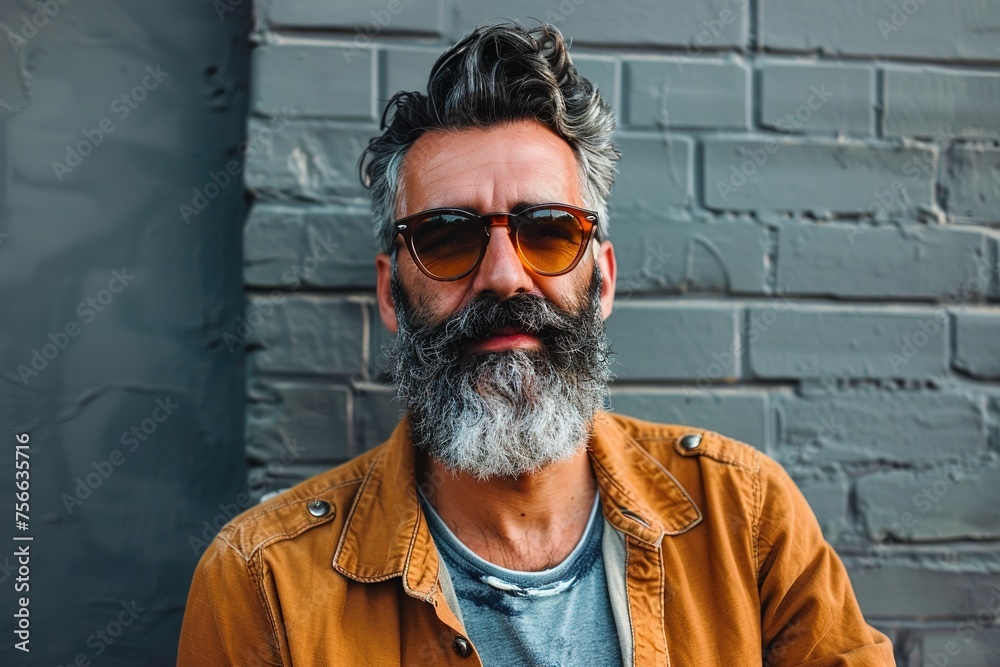 Obraz premium A man with a beard and glasses is wearing a yellow jacket and smiling