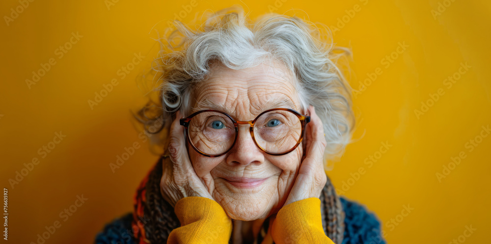 woman with glasses and a scarf is smiling at camera. She looks happy and content. yellow background adds a warm. portrait of a cheerful smiling elderly grandmother in glasses on a yellow background woman with glasses and a scarf is smiling at camera. She looks happy and content. yellow background adds a warm. portrait of a cheerful smiling elderly grandmother in glasses on a yellow background