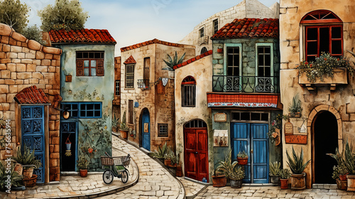 Beautiful colorful houses on the streets of the old city with bicycles. Fantasy cityscape. Naive art style storybook illustration.