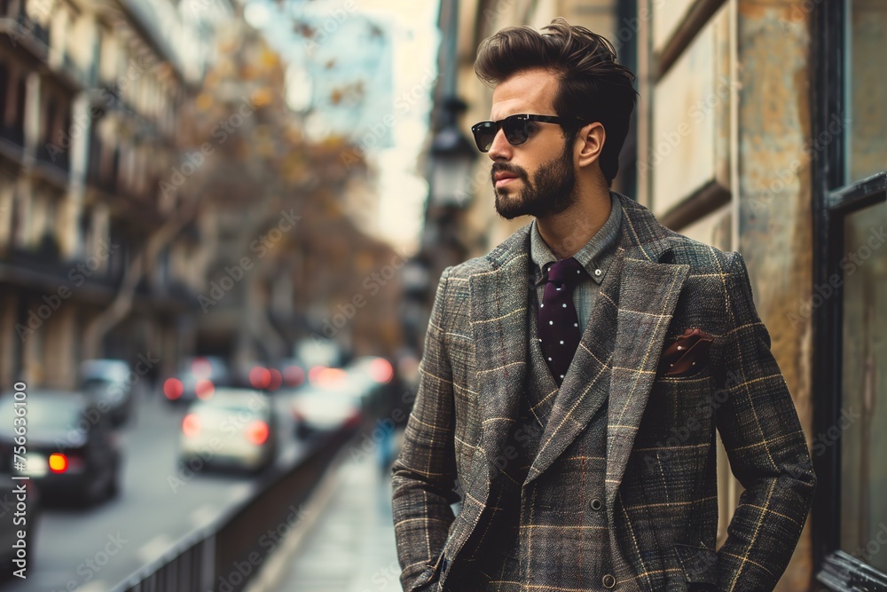 A man in a suit and tie stands on a city street A man in a suit and tie stands on a city street