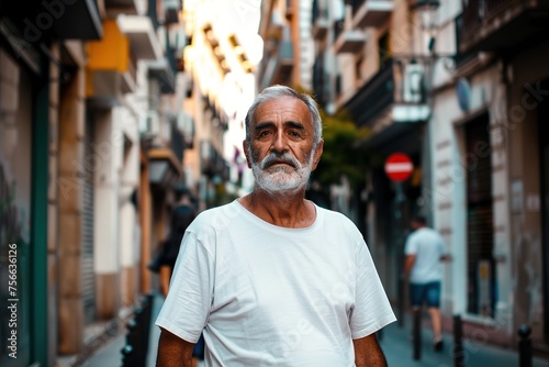 A man in a white shirt stands in front of a building