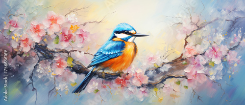 Abstract colorful oil acrylic painting of bird and spr © khan