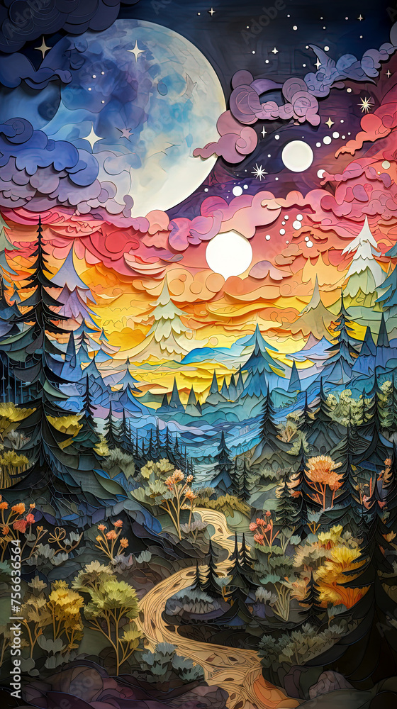 Fantasy landscape with mountains, forest and moon. Illustration for children. Poster art.