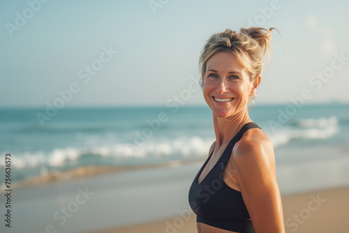 Sporty woman 45 to 50 years old on the beach