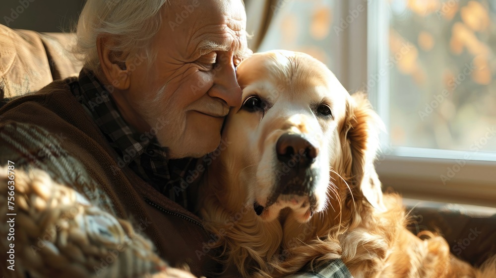 Photo an elderly retired man is sitting on the couch and hugging his old golden retriever dog in the house. Friendship between a man and a dog