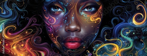 Cultural Fantasy: Detailed Portrait of a Woman with Spiraling Colorful Features - Afro-Colombian Inspired Wallpaper photo