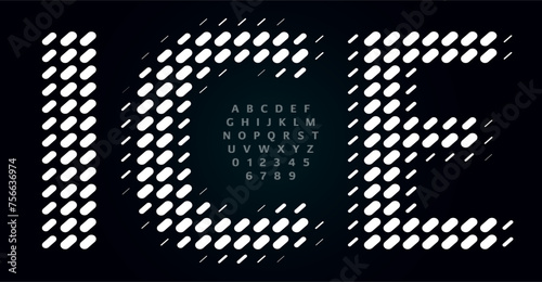 Dynamic Dotted Alphabet, Rain Hail Inspired Font with Perforated Oval Patterns. Unconventional Decorative Typeface for App Logos, Tech Interfaces. Futuristic Digital Typography. Vector Typeset
