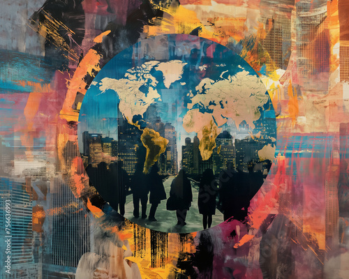An evocative mixed media piece featuring silhouetted figures against a world map, overlaid with abstract urban textures, conveying a global urban narrative