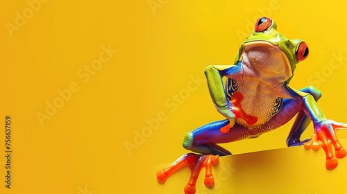 rainbow frog standing on a yellow background