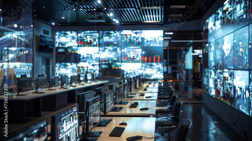 A security control center with a large video wall displaying live feeds from various CCTV cameras, providing real-time situational awareness for rapid response. 8K. - photo