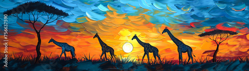 golden hour sunset in a surreal african safari landscape, artwork with baobab trees, giraffe, animals, twilight, brush strokes, painting