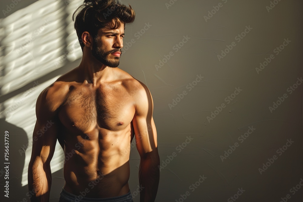 Fototapeta premium A man with a beard and a shirtless chest stands in front of a wall